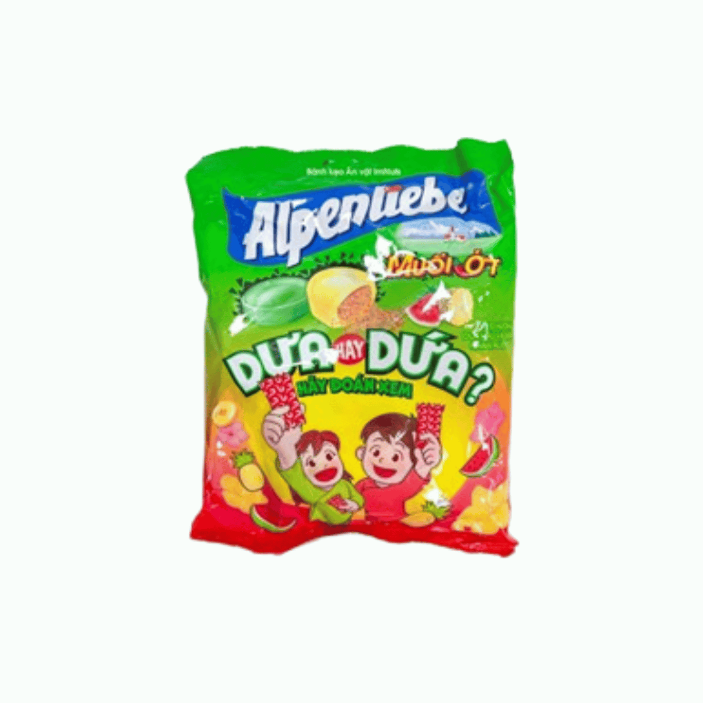 Colorful packaging of Alpenuebe with cartoon characters on a white background