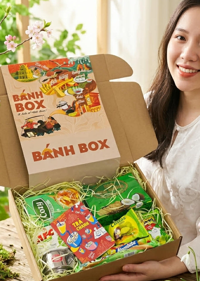 Woman holding an open 'Bánh Box' box filled with snacks on a wooden table.