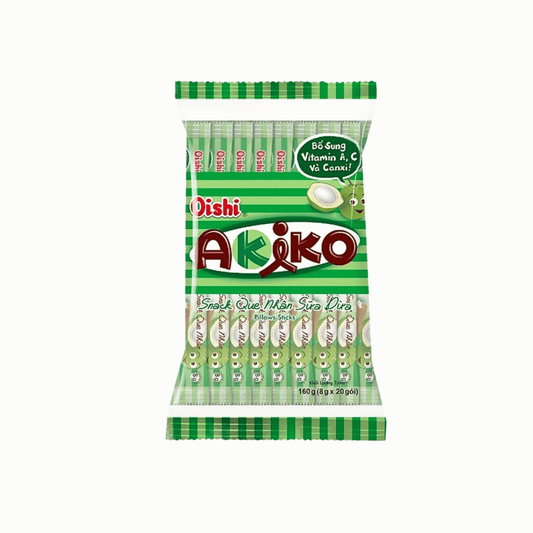 Packaging of Oishi Akiko snack sticks on a white background