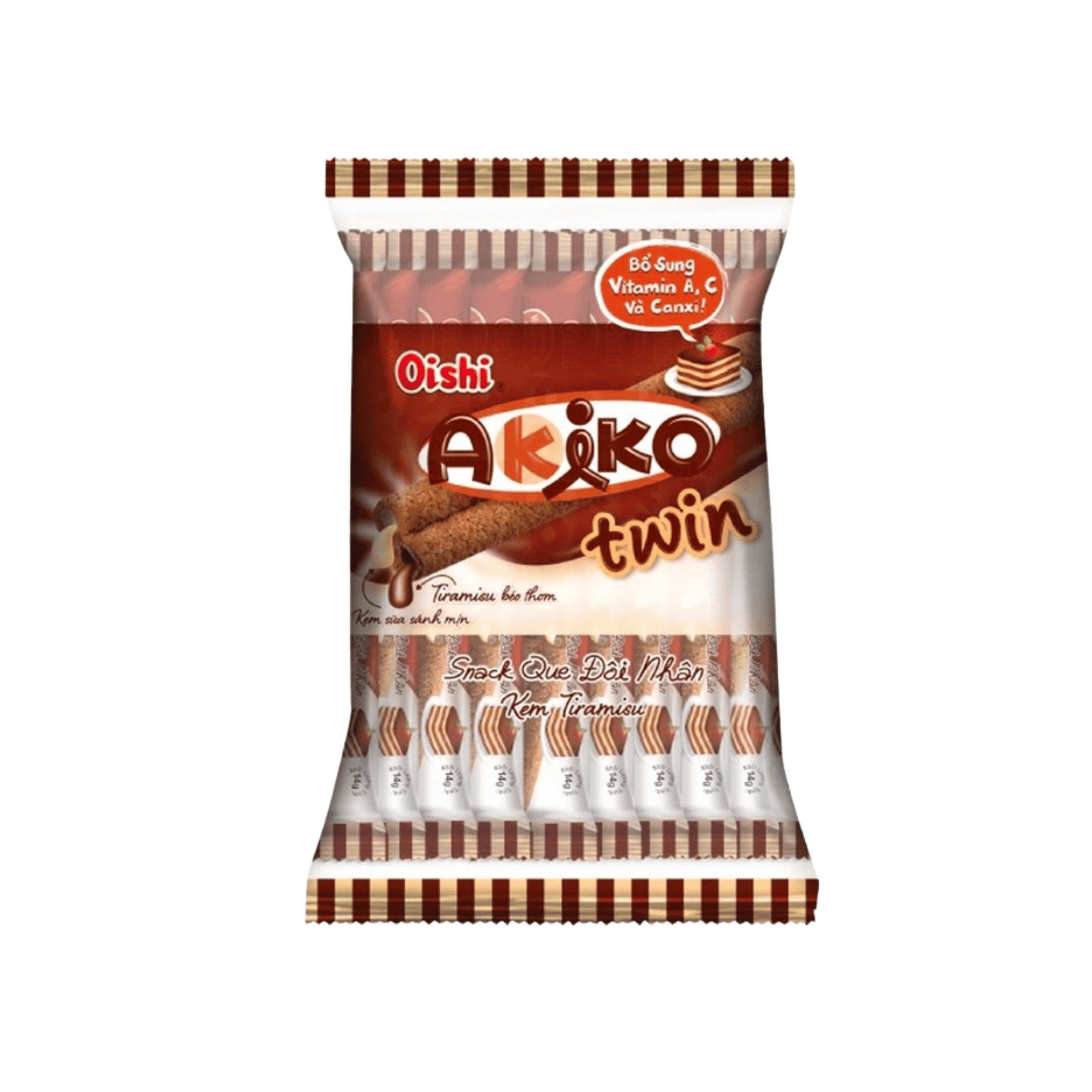 Packaging of Oishi Akiko twin snacks on a white background