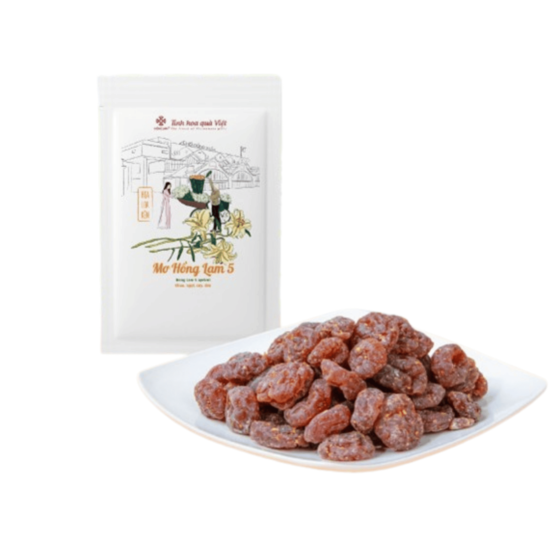 Dried fruit on a plate with a branded packaging in the background