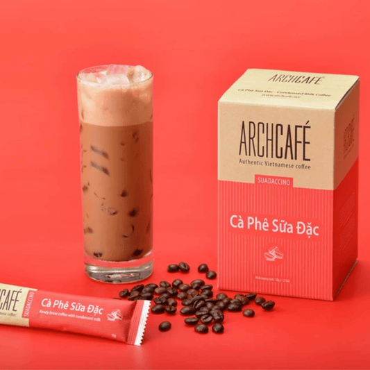 Archcafe coffee product with iced coffee, packaging, and coffee beans on a red background