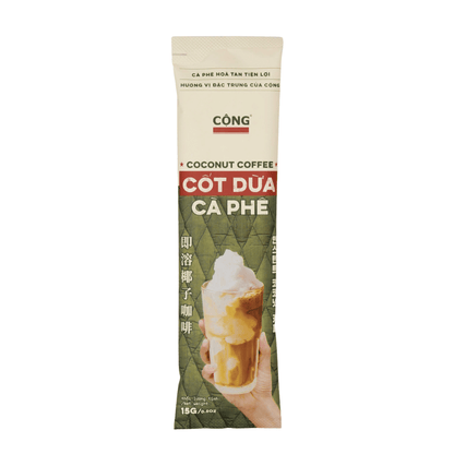Coconut coffee package with a cup of coffee and whipped cream on a white background
