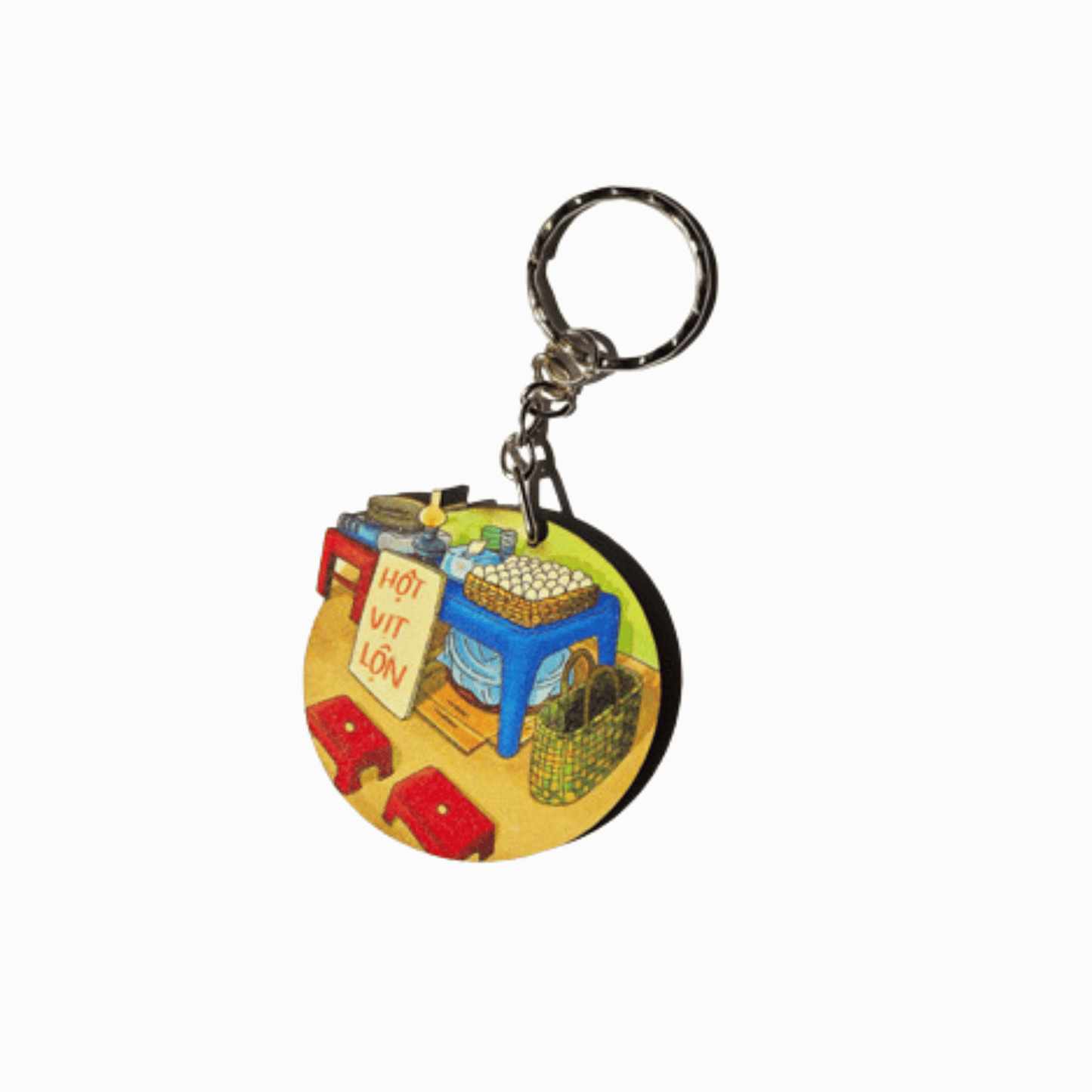 Colorful keychain with a cartoon design on a white background