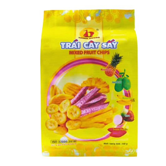 Packaging of Trái Cây Sấy Mixed Fruit Chips with colorful fruit images on a yellow background.