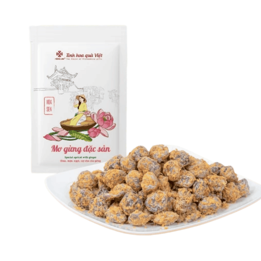 Pouch of dried ginger with ginger balls on a white plate