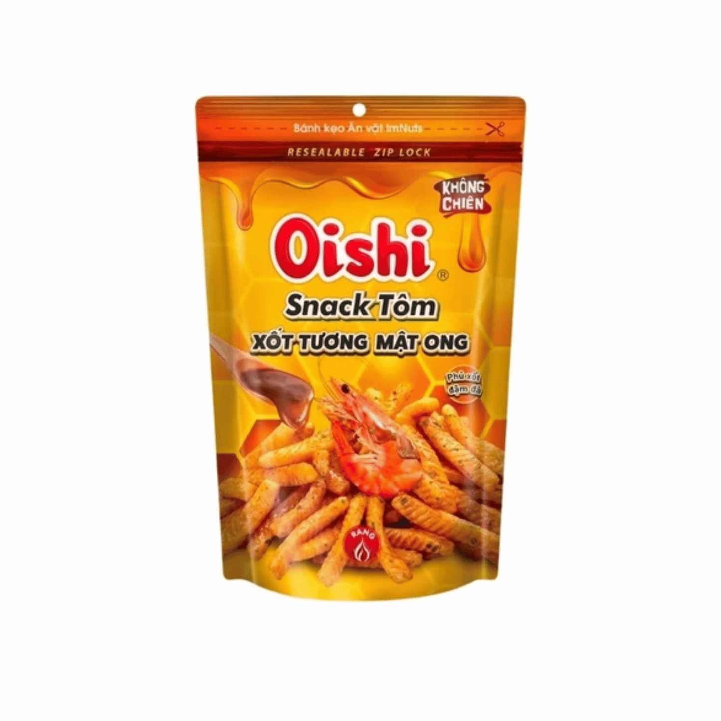 Oishi Snack Tôm packaging with shrimp illustration on a white background