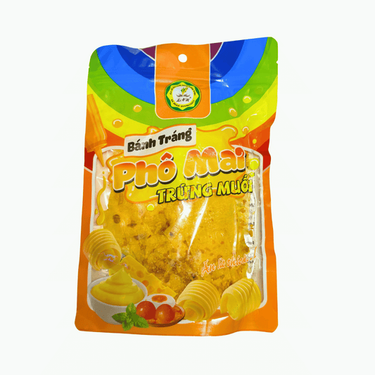 Rice paper banh trang Pho Mai Trung Muoi with brand logo on a white background