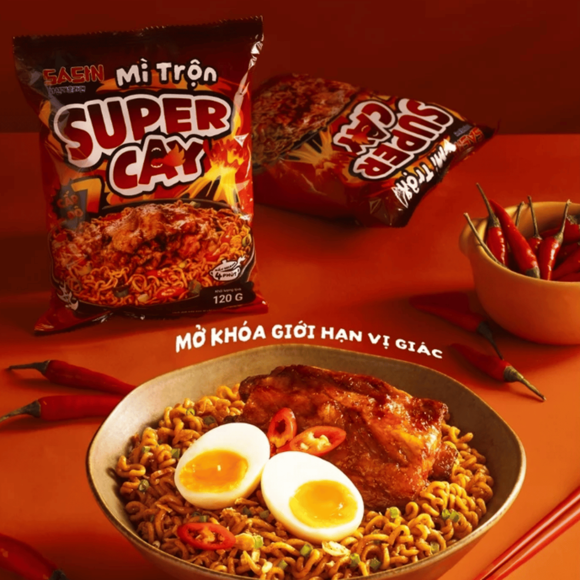 Super spicy instant noodles with a bowl of noodles, eggs, and red peppers on an orange background.