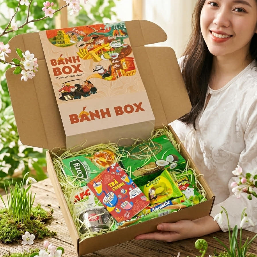 Woman holding an open 'Bánh Box' box filled with snacks on a wooden table.