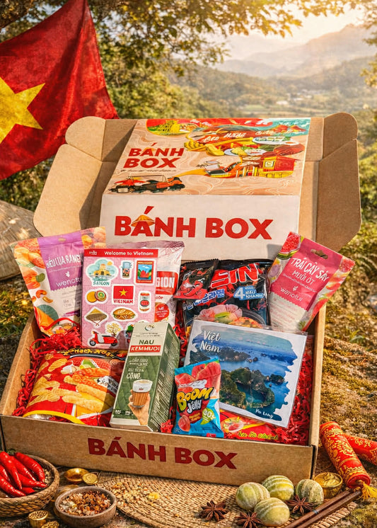 Banh Box packaging with Vietnamese flag and scenic background