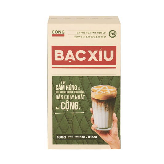 Bac Xiu coffee packaging with a glass of coffee on a beige background
