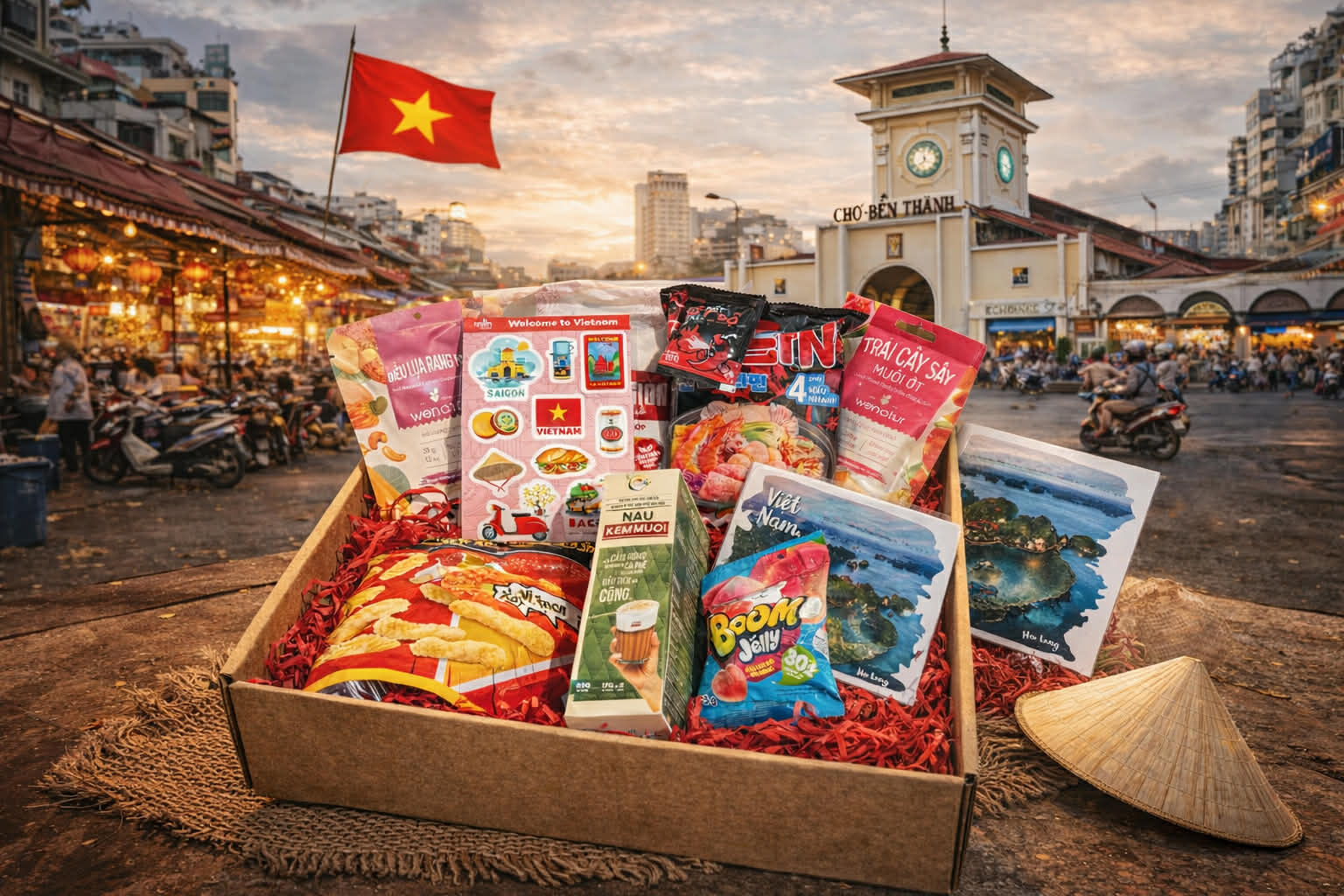 Box of snacks with Vietnamese flags and a conical hat on a market square background